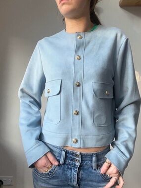 Light Blue Faux Suede Button-Front Jacket